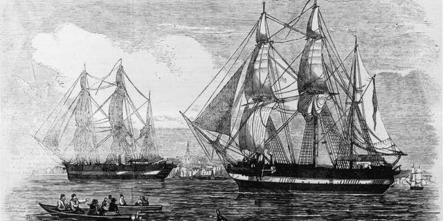 1845: The ships HMS Erebus and HMS Terror used in Sir John Franklin's ill-fated attempt to discover the Northwest Passage. Original Publication: Illustrated London News pub 24th May 1845.