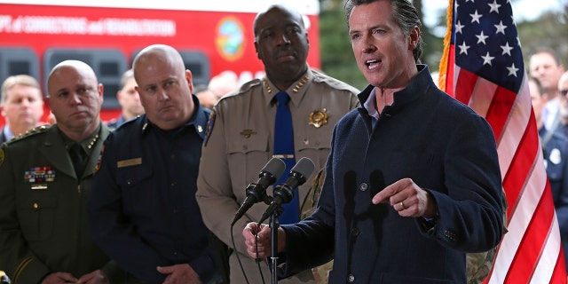 Gov. Gavin Newsom discusses emergency preparedness during a visit to the California Department of Forestry and Fire Protection CalFire Colfax Station Tuesday, Jan. 8, 2019, in Colfax, Calif. (Associated Press)