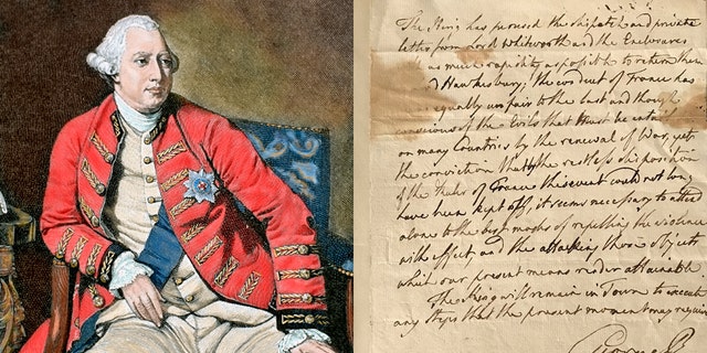 George III, colored engraving/the letter declaring war. (Photo by Prisma/UIG/Getty Images/SWNS/Cheffins)