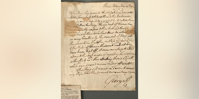 The letter by King George III showing his intent to take Britain to war in 1803.