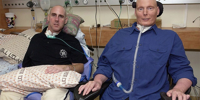 Christopher Reeve poses with American citizen Steven Averbach, who survived a terrorist attack in Jerusalem, during a visit to the Sheba-Tel Ha Shomer Hospital on July 29, 2003 in Tel Aviv, Israel. Averbach suffers from the same spinal injury as Reeve did. — Getty