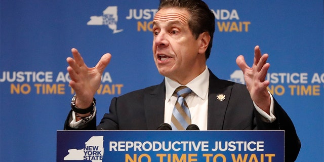 New York Governor Andrew Cuomo, gestures as he speaks, Monday, Jan. 7, 2019, at Barnard College in New York, where he called for codifying abortion rights into New York State law. (AP Photo/Kathy Willens)