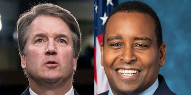 Rep. Joe Neguse, D-Colo., (right) claims Supreme Court Justice Brett Kavanaugh (left) committed perjury during the tense confirmation hearing last year, but does not say which specific statement is problematic.