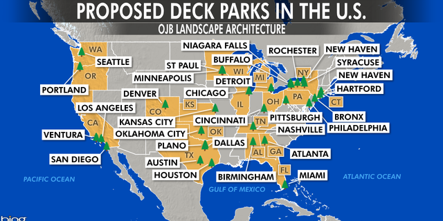 More than 30 cities in the U.S. are seriously considering developing deck parks, according to OJB Landscape Architecture.