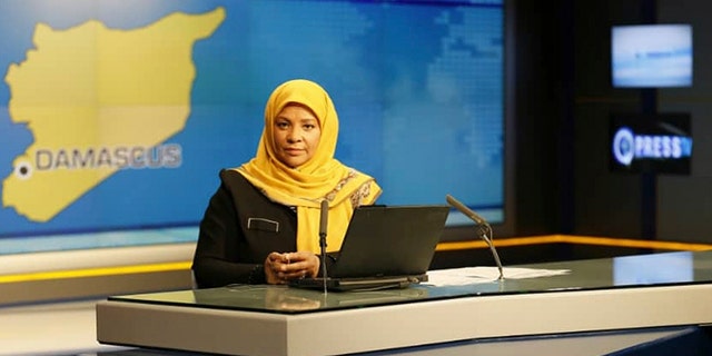 This undated photo provided by Iranian state television's English-language service, Press TV, shows American-born news anchor Marzieh Hashemi at studio in Tehran, Iran.