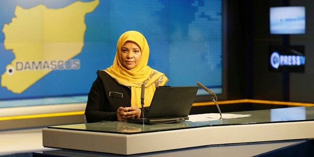 This undated photo provided by Iranian state television's English-language service, Press TV, shows American-born news anchor Marzieh Hashemi at studio in Tehran, Iran.