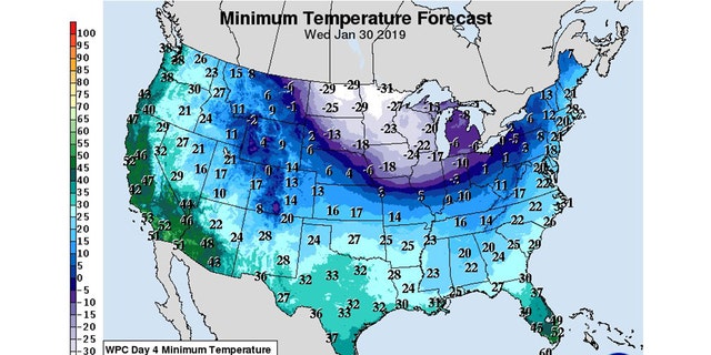 The low temperatures forecast for Wednesday across the Midwest.