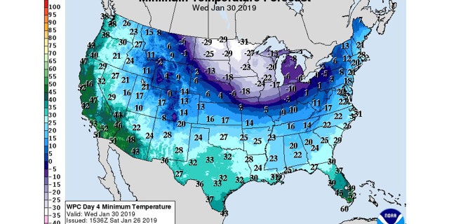 The low temperatures forecast for Wednesday across the Midwest.