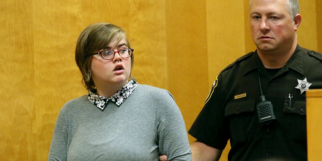 Morgan Geyser, one of two Wisconsin girls who repeatedly stabbed a classmate to death, shouldn’t have been tried in adult court because she believed a fictional horror character named Slender Man would attack her family if she didn’t kill the girl, according to an appeal filed by her attorney. (Michael Sears/Milwaukee Journal-Sentinel via AP, Pool, File)