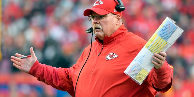 FILE - In this Dec. 30, 2018, file photo, Kansas City Chiefs head coach Andy Reid gestures during the first half of an NFL football game against the Oakland Raiders, in Kansas City, Mo.