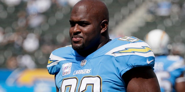 FILE - In this Oct. 7, 2018 file photo Los Angeles Chargers defensive tackle Brandon Mebane warms up before an NFL football game against the Oakland Raiders in Carson, Calif.