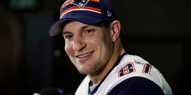 New England Patriots' Rob Gronkowski speaks with members of the media during a news conference Wednesday, Jan. 30, 2019, ahead of the NFL Super Bowl 53 football game against Los Angeles Rams in Atlanta. (AP Photo/Matt Rourke)