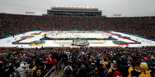 A general view of Notre Dame Stadium is seen in the second period of the NHL Winter Classic hockey game between the Boston Bruins and the Chicago Blackhawks, Tuesday, Jan. 1, 2019, in South Bend, Ind.