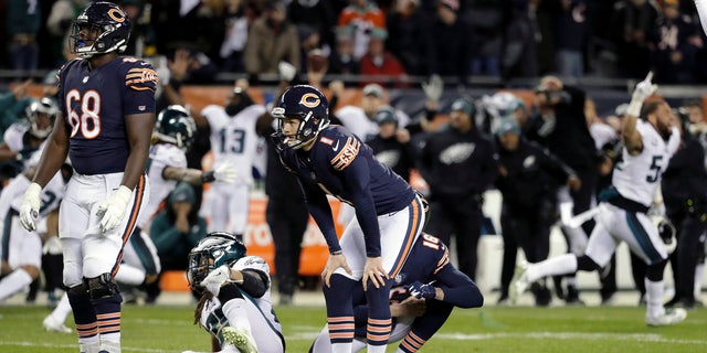 Chicago Bears kicker Cody Parkey (1) reacts after missing a field goal in the closing minute during the second half of an NFL wild-card playoff football game against the Philadelphia Eagles Sunday, Jan. 6, 2019, in Chicago. The Eagles won 16-15. (AP Photo/Nam Y. Huh)