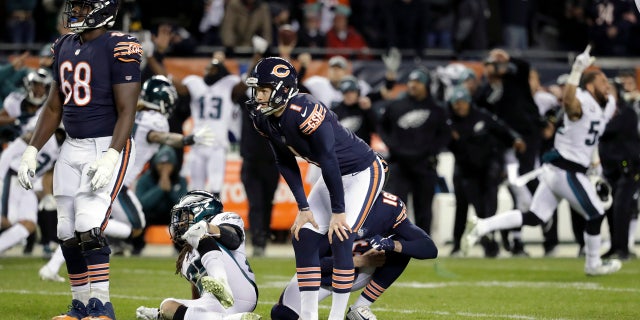Chicago Bears kicker Cody Parkey (1) reacts after missing a field goal in the closing minute during the second half of an NFL wild-card playoff football game against the Philadelphia Eagles Sunday, Jan. 6, 2019, in Chicago. The Eagles won 16-15. (AP Photo/Nam Y. Huh)