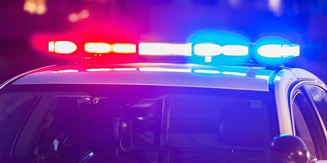 A stock photo of a Police Car at night with its sirens on.