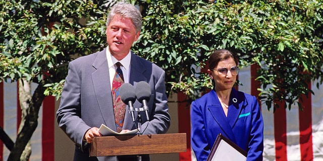 President Bill Clinton names Judge Ruth Bader Ginsburg, of the United States Court of Appeals for the District of Columbia, to be Associate Justice of the Supreme Court in the Rose Garden of the White House, Washington DC, June 14, 1993. (Getty Images)