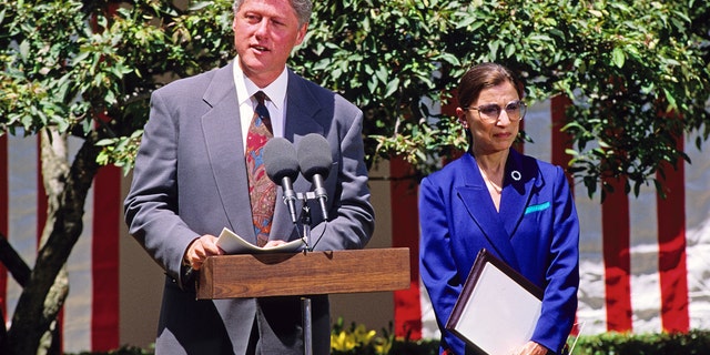 President Bill Clinton names Judge Ruth Bader Ginsburg, of the United States Court of Appeals for the District of Columbia, to be Associate Justice of the Supreme Court in the Rose Garden of the White House, Washington DC, June 14, 1993. (Getty Images)