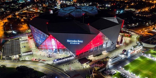Mercedes-Benz Stadium is seen in this aerial photo in Atlanta.