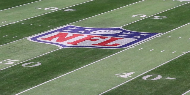 The NFL logo on the field inside Mercedes-Benz Stadium during Super Bowl week January 28, 2019 in Atlanta.   