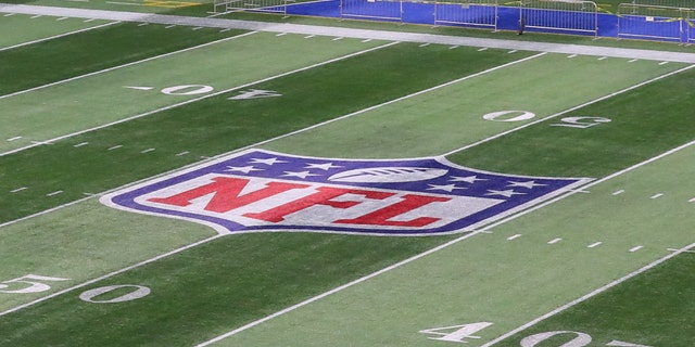 The NFL logo on the field inside Mercedes-Benz Stadium during Super Bowl week on January 28, 2019 in Atlanta.   