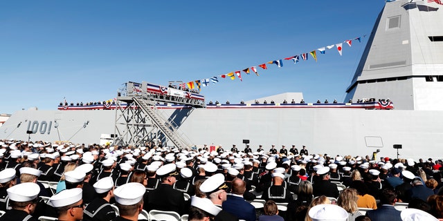 190126-N-XN177-1481 SAN DIEGO (Jan. 26, 2019) The crew of the Zumwalt-class guided-missile destroyer USS Michael Monsoor (DDG 1001) brings the ship to life during its commissioning ceremony, Jan. 26, 2019. Michael Monsoor is the second Zumwalt-class destroyer to enter the fleet. It is the first Navy combat ship named for fallen Master-at-Arms 2nd Class (SEAL) Michael Monsoor, who was posthumously awarded the Medal of Honor for his heroic actions while serving in Ramadi, Iraq, in 2006 (U.S. Navy photo by Mass Communication Specialist 1st Class Peter Burghart/Released)
