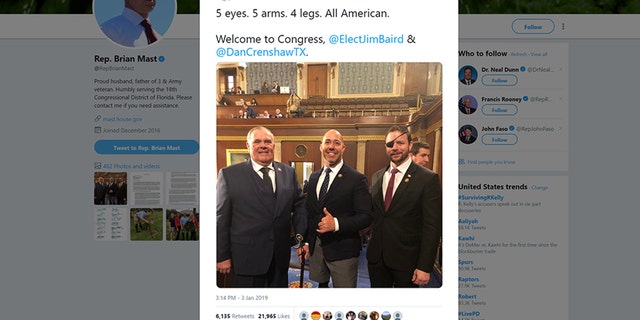 On the first day of the new Congress, three wounded veterans celebrated with a tweet at their swearing-in ceremony.