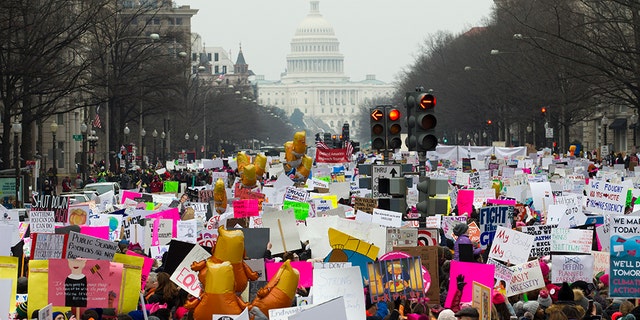 Demonstrators march on Pennsylvania Av. during the Women's March in Washington on Saturday, Jan. 19, 2019. (AP Photo/Jose Luis Magana)