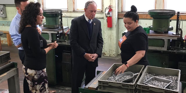 Bloomberg meeting with employees at the WH Bagshaw Company in Nashua, New Hampshire, which touts itself as the oldest pin manufacturer in the country.