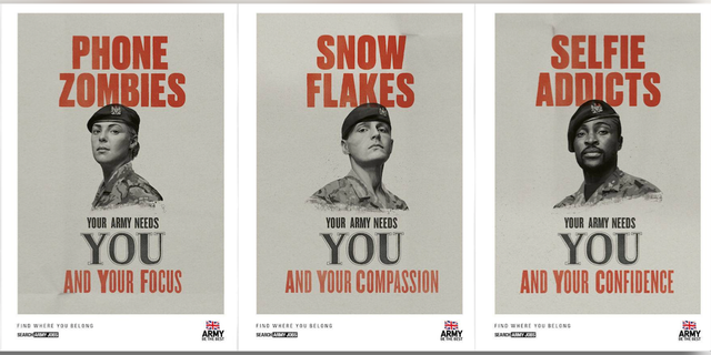 The ad campaign, which features YouTube videos and posters modeled off the famous ‘Your Country Needs You’ slogan from the First World War, comes as Britain is struggling to recruit new soldiers.