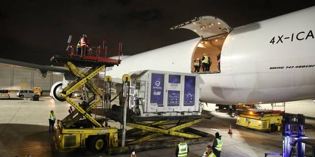 The Beresheet spacecraft, inside a temperature-controlled shipping container, was loaded into a cargo plane at Israel's Ben Gurion Airport and then flown to Florida.