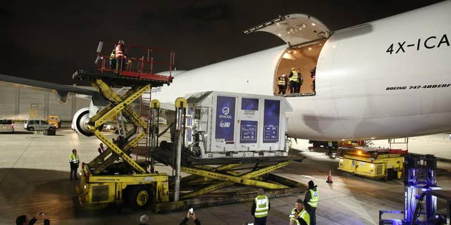 The Beresheet spacecraft, inside a temperature-controlled shipping container, was loaded into a cargo plane at Israel's Ben Gurion Airport and then flown to Florida.