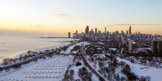 Chicago's lakefront is covered with ice on Wednesday, Jan. 30, 2019.