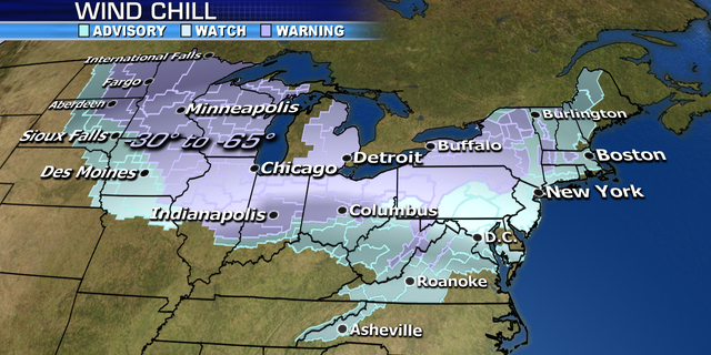 Wind chill warnings and advisories span the Midwest and Northeast due to the polar vortex.