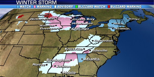 Winter storm warnings and advisories associated with a system that will usher in arctic air across parts of the country.