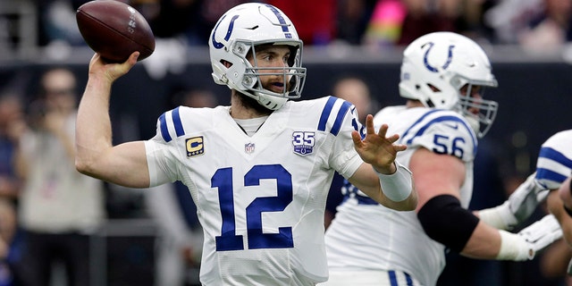 Indianapolis Colts quarterback Andrew Luck (12) throws against the Houston Texans during the first half of an NFL wild card playoff football game, Saturday, Jan. 5, 2019, in Houston. (AP Photo/Michael Wyke)
