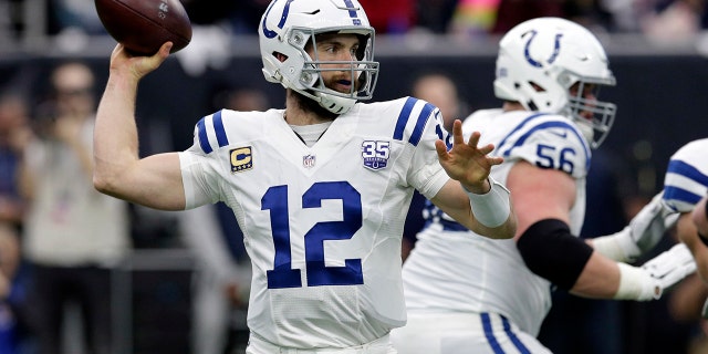 Indianapolis Colts quarterback Andrew Luck (12) throws against the Houston Texans during the first half of an NFL wild card playoff football game, Saturday, Jan. 5, 2019, in Houston. (Associated Press)