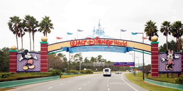 Walt Disney World main entrance sign as seen driving from the south on World Drive into the park on Nov. 25, 2013 in Orlando, Florida.