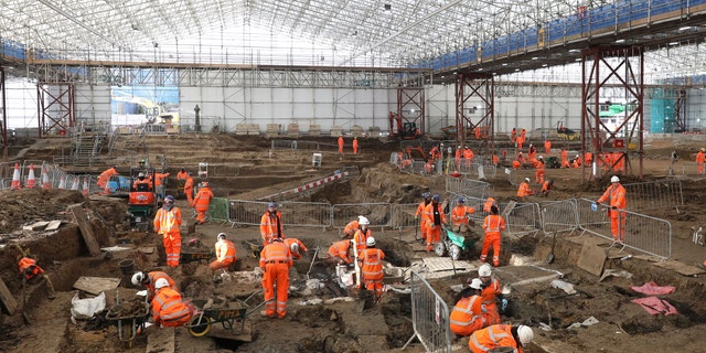 An image taken on Jan. 18, 2019 and issued by HS2 showing a general view of the archaeological excavation and research works at St James's Gardens burial site in Euston, London.