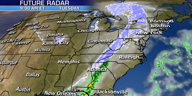 The winter storm will bring snow into parts of the Deep South on Tuesday.