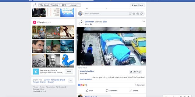 A screenshot shows an account on Facebook sympathetic to ISIS with a video of the moment before a suicide bomb explodes.