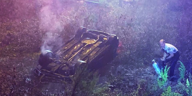 Amando Antonio, 33, was in good condition after flipping her car into a ditch in Tampa, Florida, and being rescued by deputies..