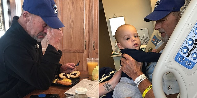 In the photo on the left, T. Scott Marr is reading the story from local paper about his miraculous recovery. On the right, Marr is holding his grandson.