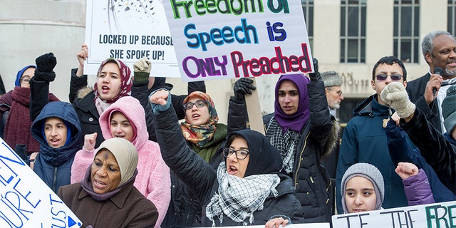Supporters of Marzieh Hashemi, an American-born anchor for Iran's state television broadcaster, demonstrate outside the Federal Courthouse in Washington, D.C.