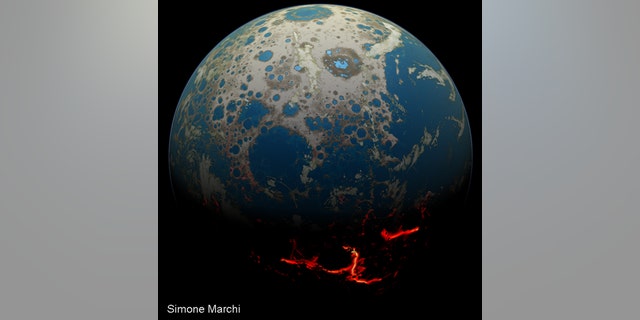 An artistic rendering of the Hadean Earth when the rock fragment was formed. Impact craters, some flooded by shallow seas, cover large swaths of the Earth’s surface. The excavation of those craters ejected rocky debris, some of which hit the Moon. (Credit: Simone Marchi)