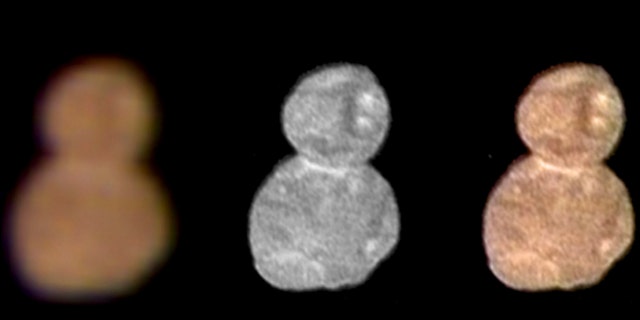 This image made available by NASA on Wednesday, Jan. 2, 2019 shows images with separate color and detail information, and a composited image of both, showing Ultima Thule, about 1 billion miles beyond Pluto. The New Horizons spacecraft encountered it on Tuesday, Jan. 1, 2019.