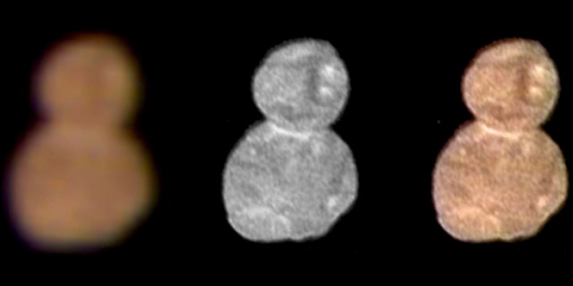 This image made available by NASA on Wednesday, Jan. 2, 2019 shows images with separate color and detail information, and a composited image of both, showing Ultima Thule, about 1 billion miles beyond Pluto. The New Horizons spacecraft encountered it on Tuesday, Jan. 1, 2019.