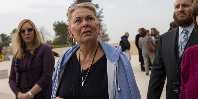 In this Sunday, Jan. 27, 2019 photo, US actress Roseanne Barr visits the Yad Vashem Holocaust memorial in Jerusalem.