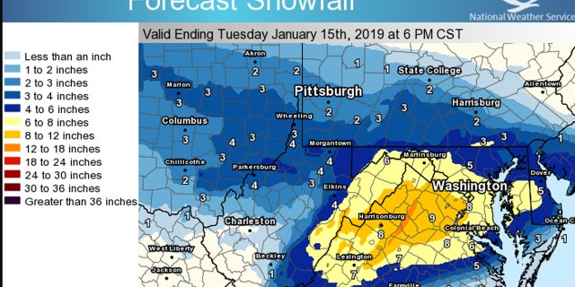 Between 5 to 10 inches of snow is expected to fall in the Mid-Atlantic on Sunday.