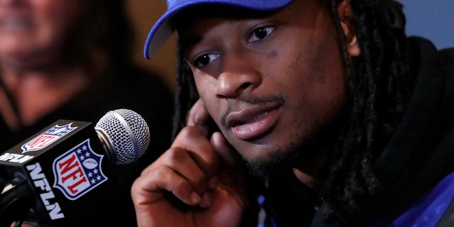 Los Angeles Rams running back Todd Gurley listens to questions during a press conference ahead of the Super Bowl in Atlanta on January 29, 2019.